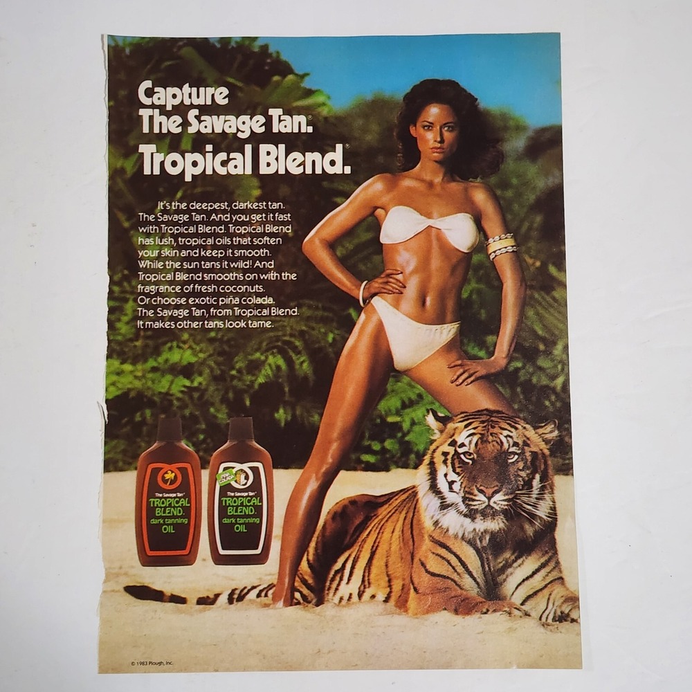 Vtg Print Ad Savage Tan Tropical Blend tiger model bikini clipping 1983 8x10.5